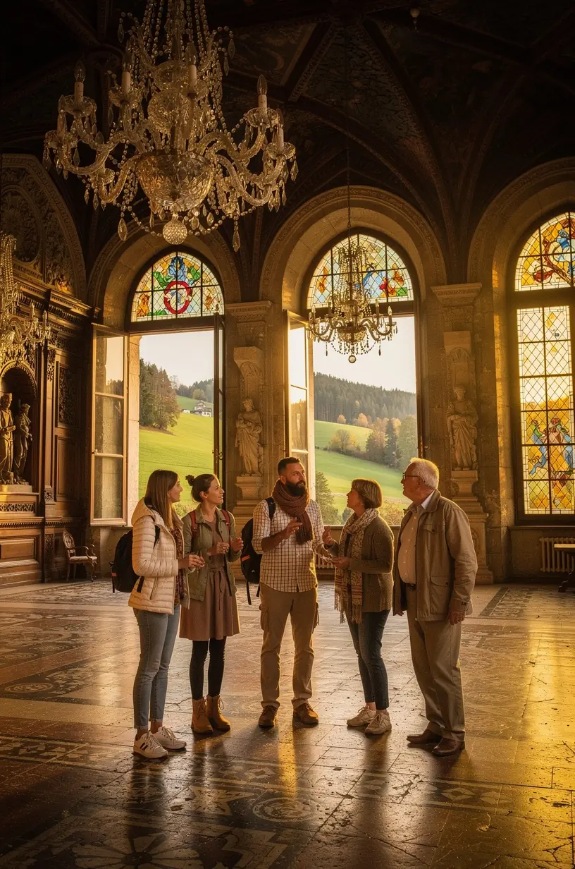 Gruppe von Gästen bei einer thematischen Führung durch eine gut erhaltene Schlossanlage