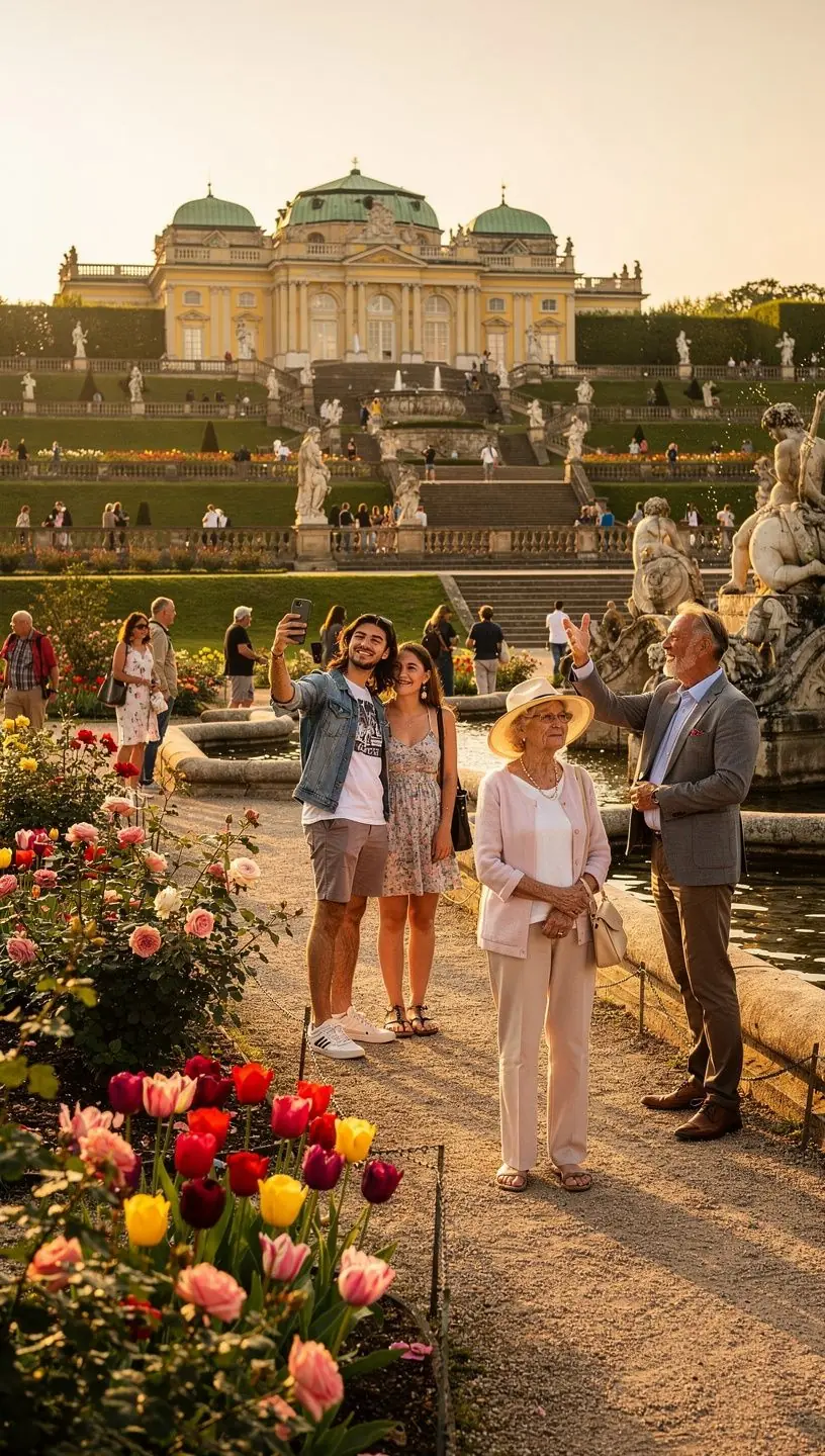 Panoramaaufnahme eines imposanten Schlosses auf einem Hügel bei Sonnenuntergang